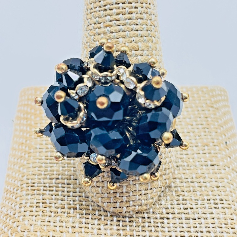 Vintage Black Faceted Bead Cluster Ring Gold Tone Statement Dinner